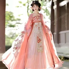 Peach Blossom Pattern Heavy Embroidery Original Han Clothing Open-Front Wide Sleeves, Paired With A Chest-High Connected Skirt For Daily Wear, Commuting, Traditional Festivals.