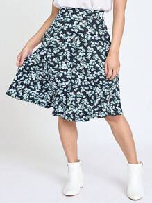 Boho Retro Knee Length Skirt Ditsy Floral - Blue and White - View 1