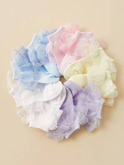 5 Pairs Baby Girls' Cute Princess Lace Trim Soft Breathable Fashion Socks, Suitable For Daily Wear Or Back-To-School Season