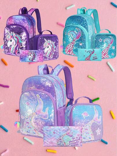 3pcs/Set Girls Mermaid & Unicorn Backpack, 16 Inch Lightweight Cute Sequin School Bag With Handbag And Pencil Case, Suitable For Elementary And Middle School