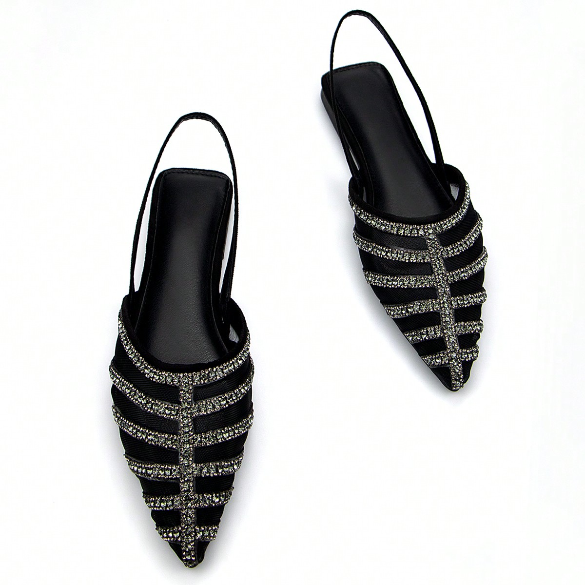 Zapatos de mujer elegantes y cómodos con decoración de rhinestones, forro de malla de ante negro, punta afilada y correa trasera con talón descubie