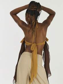 Sexy Crop Top With Contrast Color & Crisscross Strap Design Summer Halter Blouse - Multicolor - View 2