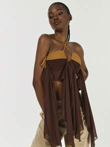 Sexy Crop Top With Contrast Color & Crisscross Strap Design Summer Halter Blouse - Multicolor - View 4