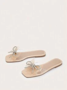 女士新款休闲凉鞋 - 优雅水钻蝴蝶结设计，甜美风格，平底一脚蹬度假拖鞋