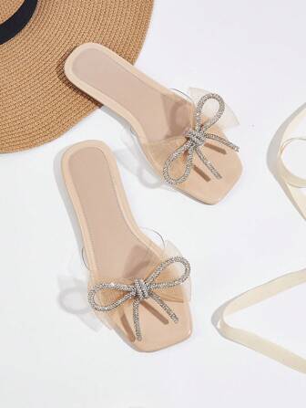 Sandalias casuales nuevas para mujer - Diseño elegante con lazo de piedras rhinestone, estilo dulce, zapatillas planas sin cordones para vacaciones