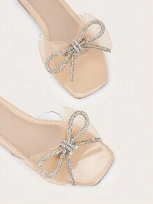 女士新款休闲凉鞋 - 优雅水钻蝴蝶结设计，甜美风格，平底一脚蹬度假拖鞋