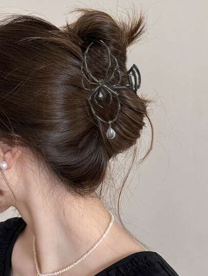 1 件女士纯色 Y2K 甜美酷炫风格个性化骷髅、蜘蛛、爪子、水钻、仿珍珠装饰合金金属发夹，适合节日和日常使用，发饰，爪夹，发夹，黑色发饰秋冬发夹，适合度假装扮女士