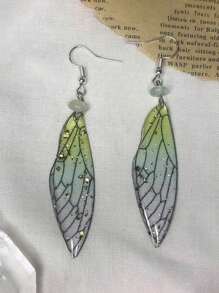 1 par de pendientes con colgante de alas de hada verdes y estrellas, estilo hada, grunge de hadas, goblin, cottage, bosque, brujería, celestial
