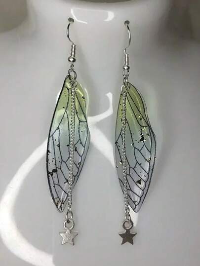 1 Pair Green Fairy Wing & Star Pendant Earrings, Suitable For Fairy, Vintage, Goblin, Countryside Forest, Witch, Starry Sky Styles