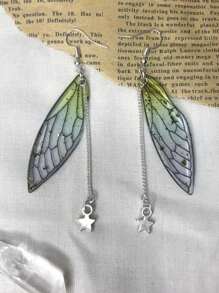 1 par de pendientes con colgante de alas de hada verdes y estrellas, estilo hada, grunge de hadas, goblin, cottage, bosque, brujería, celestial