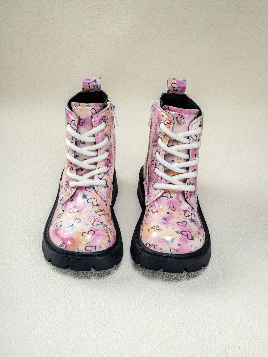 Giày cao đến mắt cá chân họa tiết trái tim màu hồng sáng bóng dành cho nữ, Giày bốt đi tiệc ngoài trời thông thường chống trượt thoải mái - Hồng - Xem 1