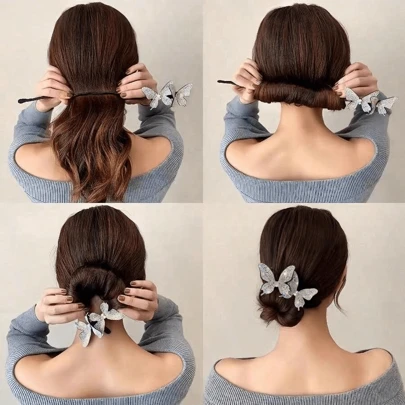 1件装时尚水钻蝴蝶发髻造型工具，柔软蓬松的发型发箍，优雅的卷发头饰，女士日常发饰及装饰，适合万圣节、婚礼、派对等场合，是打造优雅造型的理想之选。