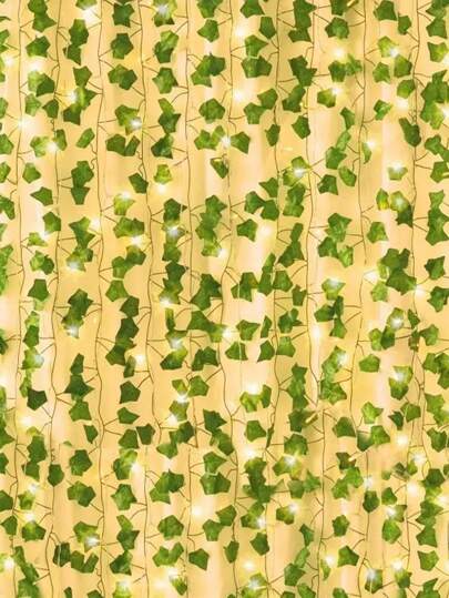 2M/5M10M Artificial Ivy Leaf Plants With LED Light String, AA Battery Box Powered Green Vine Garland Chandelier For Wall Party Wedding Room Home Kitchen Indoor Outdoor Holiday Decoration (Batteries Not Included)