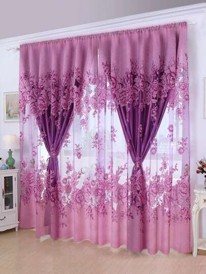 لوح ستارة شفافة ذات نمط زهري أرجواني قطعة واحدة، ستارة بساط أنيقة بطراز الريف لغرفة المعيشة، غرفة النوم، الشرفة، وما إلى ذلك.