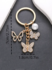 1 pieza Llavero de mariposa con strass hueco y colgante de perla falsa, accesorio elegante de mariposa, regalo para amigos, dije para bolso - Dorado - Ver 3