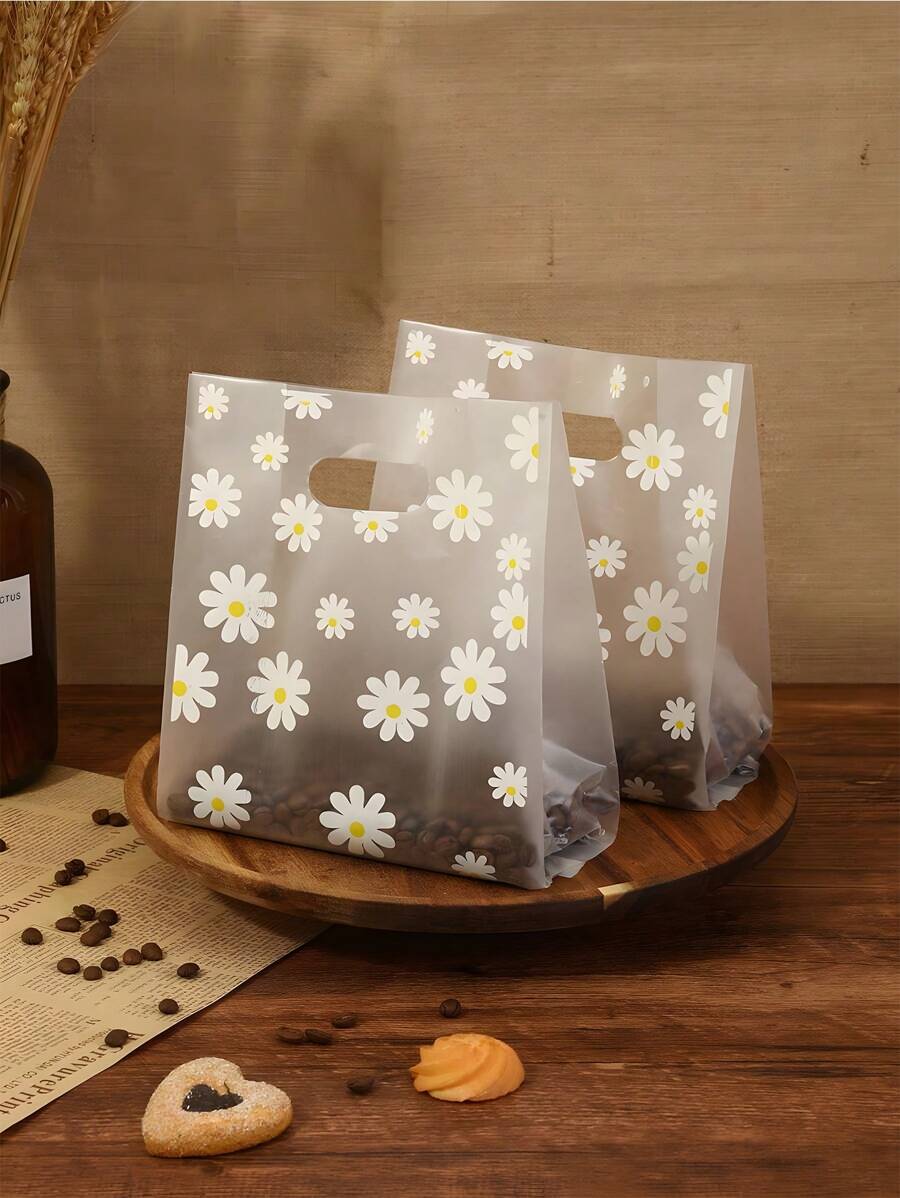 50 个带手柄的雏菊印花塑料礼品袋，可爱花朵图案透明礼品包装袋，非常适合母亲节、婚礼、生日、毕业典礼、新娘送礼会、派对回礼和购物、派对、节日和零售店礼品袋派对厨房 - 彩色 - 查看 1