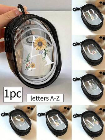 Portable Mini Transparent Zipper Storage Bag, Compact Multifunctional Organizer, Headphone And Charger Case With Keychain, Transparent Travel Accessories, Exquisite And Compact, Suitable For Storing Small Items, Data Cable Storage Bag, Bracelet Bag, Makeup Bag,Flower Alphabet A To Z Pattern Sunflower Daisy