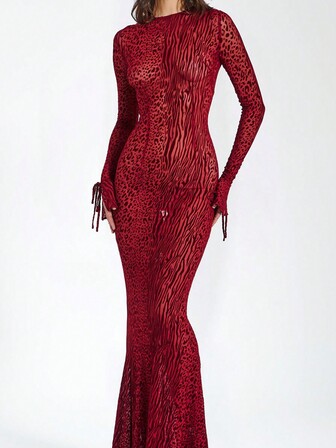 Animal Print Backless Flare Sleeve Fishtail Dress, Sexy