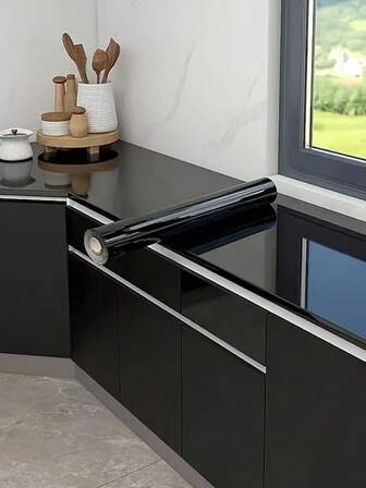 1 件 Mecpar 亮面黑色壁纸 亮面黑色接触纸 高光黑色剥离粘贴壁纸 自粘式可移除防水壁纸 适用于家具橱柜台面