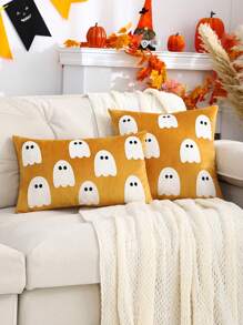 1 pièce Housse de coussin en velours avec broderie de fantôme d'Halloween, décoration de maison pour le salon et la chambre à coucher - Rose bonbon - Voir 14