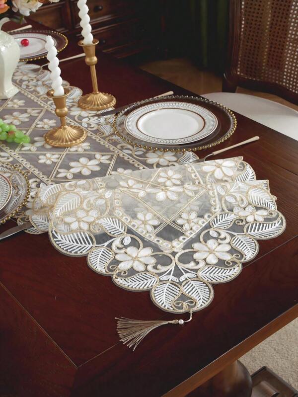 1pc Mesh Fabric With Delicate 3d Lace Floral Embroidery And Fine Knit Lace For Home Decor, Cabinet Covers, Kitchen Table Runners, Placemats, Indoor/Outdoor Holiday Decorations, Picnic/Party/Wedding Table Runner Decorations