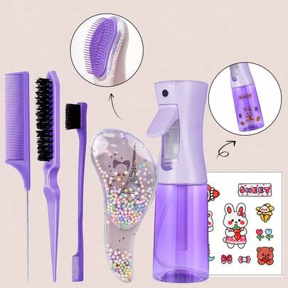 8pcs/6pcs/4pcs Hair Brush Set, Includes Cute Animal Temporary Tattoo Stickers, (6.8oz/200ml) Continuous Fine Mist Spray Bottle, Unicorn Cartoon Hair Brush, Suitable For Adults And Girls, Volumizing Brush, Tail Comb, Edge Brush, For Hairstyling, Salon, Barbershop, Brush, Detangling Brush, Ball Brush, Mini Brush Set, Wooden Comb, Hair Brush, Hairstyling Tools, Hair Brush Set, Brush, Curling Brush, Detangling Brush, Women Hair Brush, Barber Supplies, Salon, Hairstyling Products
