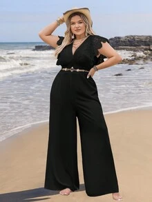 Rusttydustty 女式加大码黑色深 V 领短袖腰部宽松连体裤度假波西米亚风。 - 黑色 - 查看 8