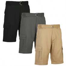 3-Pack Men's Belted Cotton Cargo Shorts - Black - Grey - Khaki - View 1