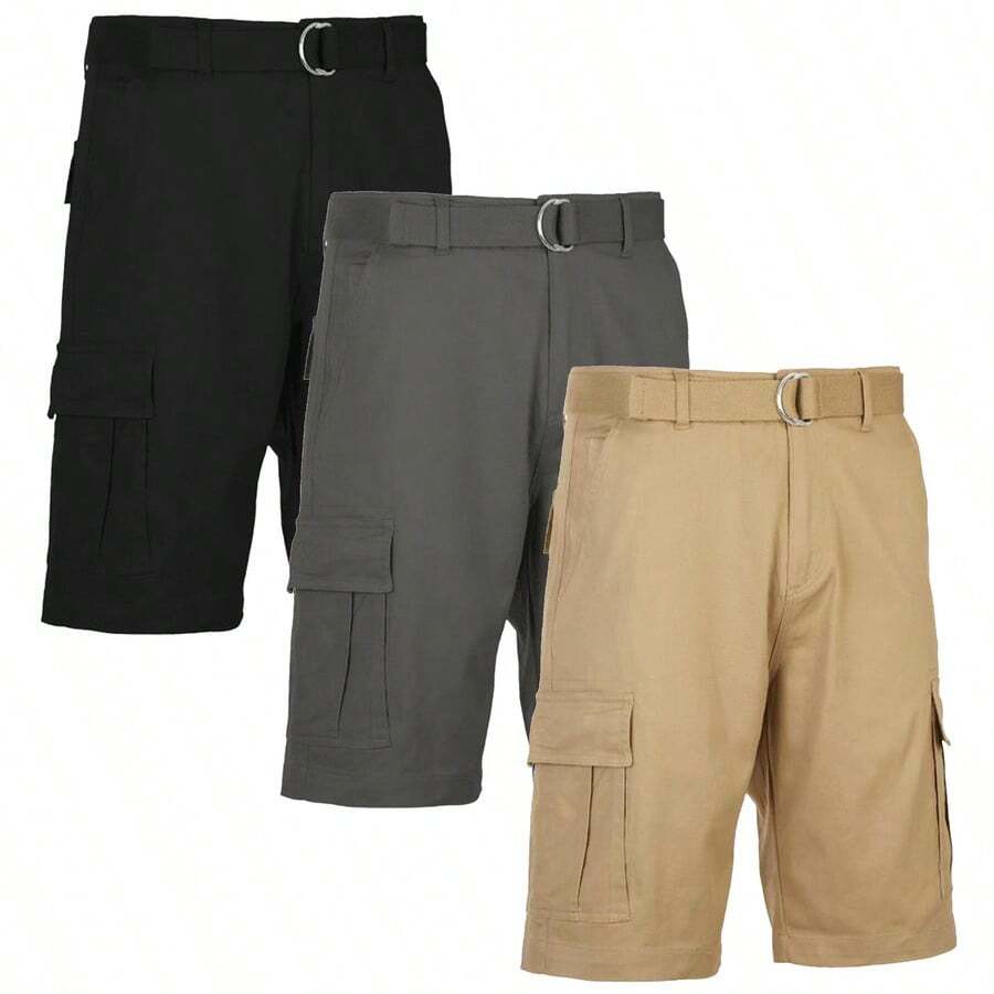 3-Pack Men's Belted Cotton Cargo Shorts - Black - Grey - Khaki - View 1