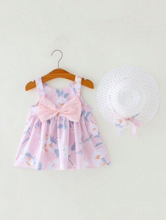寶寶女孩夏季心形印花沙灘連身裙，附帽子款式