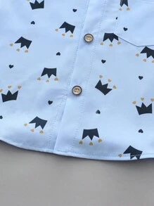2pcs Baby Boy Summer Fashionable Crown Print Short Sleeve Shirt And Shorts Set With Stand Collar