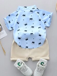 2pcs Baby Boy Summer Fashionable Crown Print Short Sleeve Shirt And Shorts Set With Stand Collar