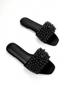 Women's Elegant Handmade Faux Faux Pearl Decor Black Suede Fashion Square Toe Comfy Daily & Holiday Flat Mule Sandals Valentines,Spring Summer Outfits - Black - View 3