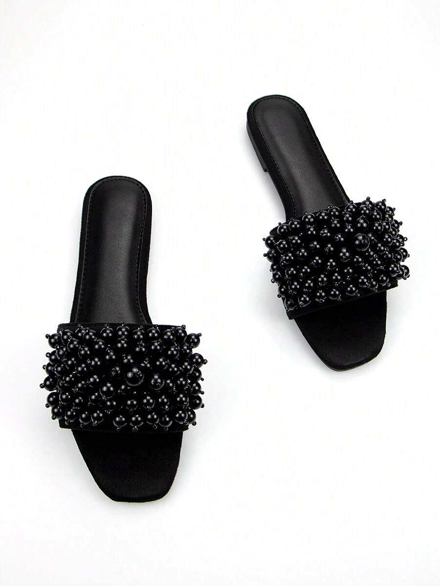 Women's Elegant Handmade Faux Faux Pearl Decor Black Suede Fashion Square Toe Comfy Daily & Holiday Flat Mule Sandals Valentines,Spring Summer Outfits