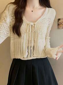 Solid Color Openwork Crochet Knit Lightweight Cardigan Set For Women - Apricot - View 4