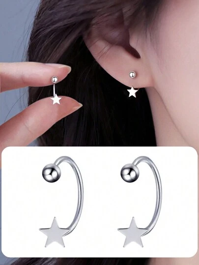 1pair Stainless Steel Star Design Front & Back Hypoallergenic C-Hoop Earrings