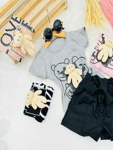 Miguxas Kids - Children's And Youth Set Bear Applique Printed Blouse And Linen Shorts - Màu be - Xem 2