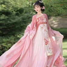 Peach Blossom Pattern Heavy Embroidery Original Han Clothing Open-Front Wide Sleeves, Paired With A Chest-High Connected Skirt For Daily Wear, Commuting, Traditional Festivals.