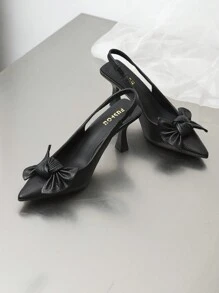 2025秋冬季蝴蝶结尖头粗跟露跟平底鞋，情人节款，猫跟鞋，优雅女士高跟鞋，尖头高跟鞋 - 黑色 - 查看 7
