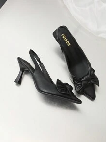 2025秋冬季蝴蝶结尖头粗跟露跟平底鞋，情人节款，猫跟鞋，优雅女士高跟鞋，尖头高跟鞋 - 黑色 - 查看 5