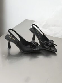 2025秋冬季蝴蝶结尖头粗跟露跟平底鞋，情人节款，猫跟鞋，优雅女士高跟鞋，尖头高跟鞋 - 黑色 - 查看 2