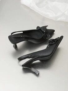 2025秋冬季蝴蝶结尖头粗跟露跟平底鞋，情人节款，猫跟鞋，优雅女士高跟鞋，尖头高跟鞋 - 黑色 - 查看 6