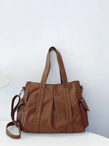 Solid Color Fabric Large Capacity Multi-Pocket Women Shoulder Tote Bag - Brown - View 4