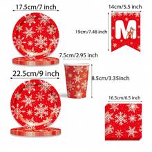 94pcs/Set Red Snowflake Christmas Themed Party Tableware Set, Including 9inch/7inch Paper Plates, Dessert Plates, Paper Cups, Napkins And Banner, Merry Christmas,
