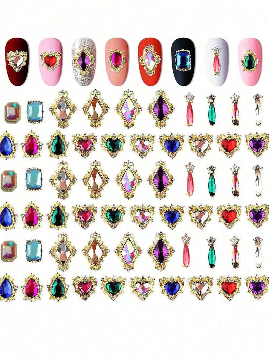 60 viên đá trang trí móng tay 3D, hình trái tim/vuông/giọt nước, đá pha lê lớn màu AB, hợp kim trang trí hình trái tim và giọt nước, dụng cụ tự làm móng (20 kiểu, mỗi kiểu 3 viên) - Nhiều màu - Xem 1