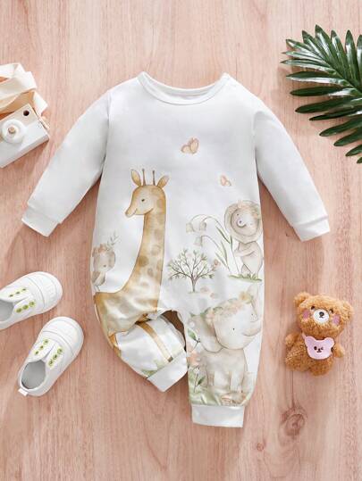 1pc Watercolor Animal World Pattern Baby Romper, Giraffe Design, Spring/Autumn