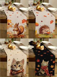 1 件感恩节装饰桌旗，秋收亚麻桌旗，配松鼠、刺猬、戴围巾的猫、枫叶印花、季节性家居室内外派对用品、秋季装饰、感恩节装饰、房间装饰 13 X 72 英寸，家居装饰，派对用品 - 彩色 - 查看 1