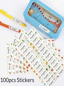 100 张姓名贴纸和 1 张卡通姓名印章，适用于儿童服装，防水姓名印章，个性化，适合学生和商务使用，服装定制姓名印章，手写签名印章，姓名标签，DIY 定制卡通自墨姓名印章，适合学校学生个性化文具礼物 - 紫色 - 查看 4