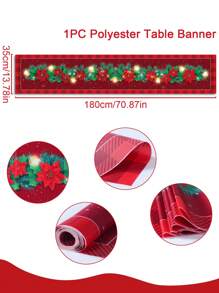1Pc Polyester Christmas Table Runner Tablecloth Table Cover, Green Leaves And Red Flowers Pattern, Christmas Decor, Christmas Home Decor, Xmas Desktop Center Decor, Merry Christmas, Party Favor, Noel, Christmas, Christmas