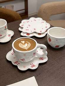 1 bộ, Cốc cà phê và đĩa lót bằng gốm hoa cổ điển, Cốc cà phê và đĩa nơ thủ công bất đối xứng, Cốc trà chiều, Cốc nước văn phòng, Cốc đựng sữa ăn sáng gia dụng chất lượng cao, Quà tặng cho bé gái - Nhiều màu - Xem 3